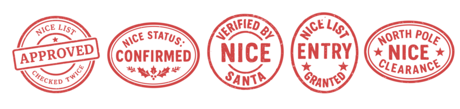 复古红色橡胶“好孩子名单”批准印章，带有圣诞老人认证标签，用于节日图案