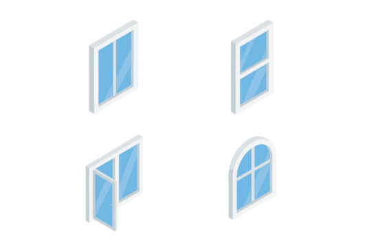 四个等距的白色窗框，带有蓝色玻璃窗格