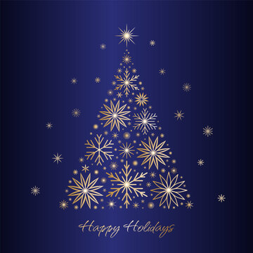 深蓝色背景上带有雪花华丽图案的圣诞冷杉树。节日快乐贺卡设计。EPS 10矢量抽象冬季云杉插画。