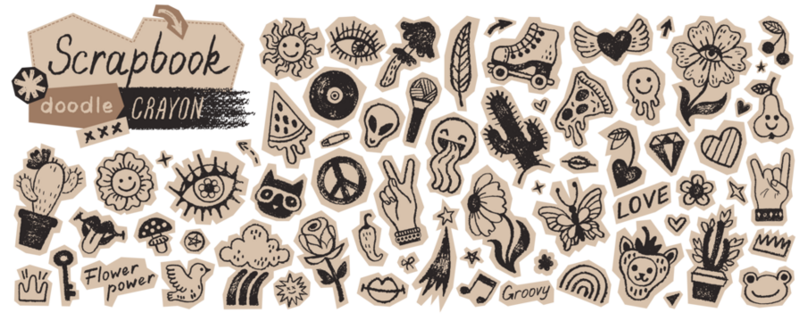 音乐迷幻贴纸：时髦复古剪贴簿、迪斯科摇滚朋克涂鸦图标、剪纸拼贴、60-70年代涂鸦图案、迷幻花朵和平心纸质贴纸及时髦迪斯科音乐纹身背景