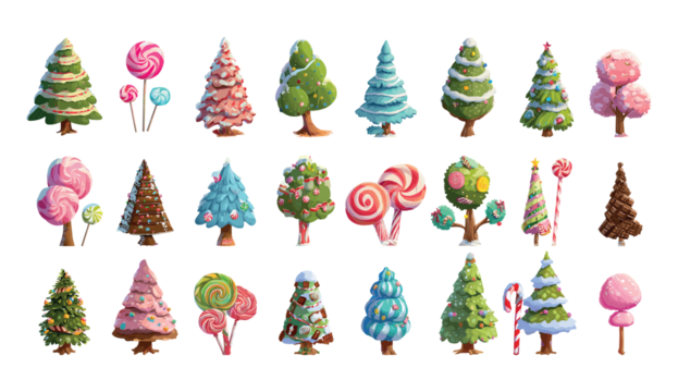 卡通糖果甜树矢量素材集：含姜饼、棒棒糖、糖霜、糖果森林、饼干、节日棒、冬季甜点等景观元素（透明背景）