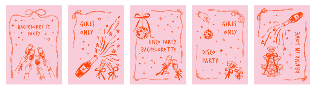 俏皮奇趣的新娘婚前派对海报套装，包含迪斯科球、粉色鸡尾酒与香槟杯；俏皮复古风格的手绘干杯祝酒插画，画面中有举着酒杯的手