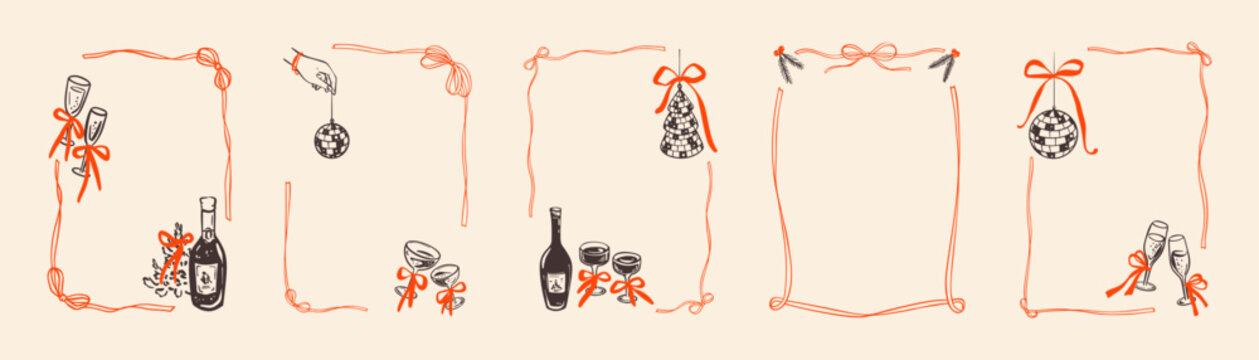 Hand-drawn crayon Christmas frame with festive bow and vintage ornaments, whimsical doodle border featuring party ribbons, disco balls and champagne glass. Retro sketch design with xmas tree decor