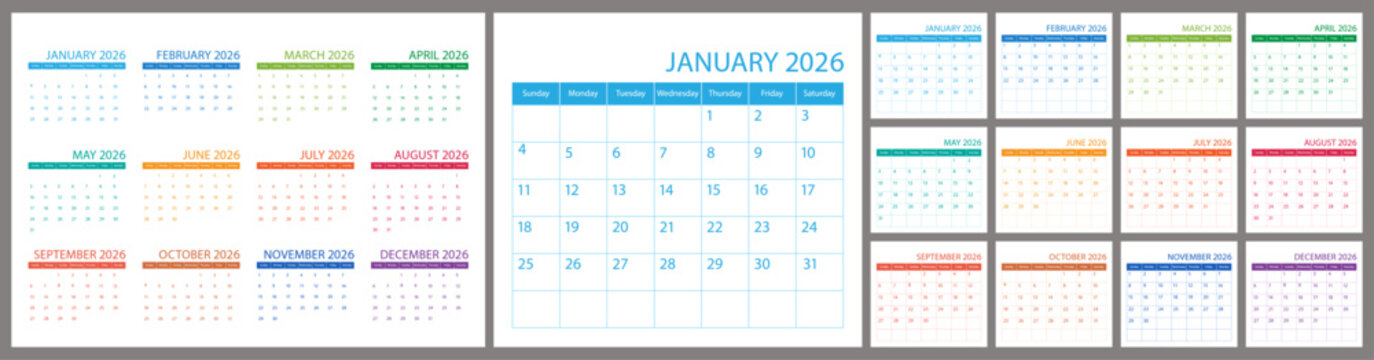 Calendar and planner 2026 year, schedule month calender, American organizer template. Week starts on Sunday. Business personal page. Modern simple dairy for USA. Vector illustration