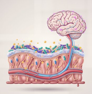 肠道-大脑轴的概念图。微生物群通过代谢产物和迷走神经影响大脑，展示了肠道与中枢神经系统之间的神经生物学联系。