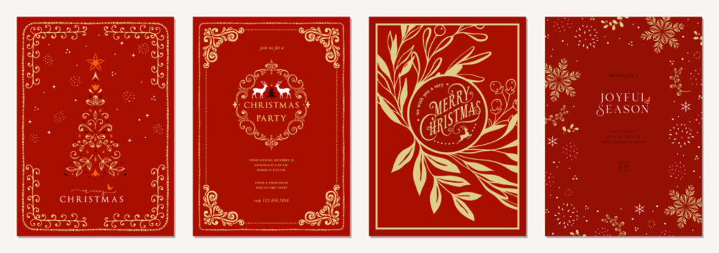Luxury Corporate Holiday cards with Christmas tree, reindeers, birds, ornate floral frames, background and copy space. For graphic and web design, social media banner.