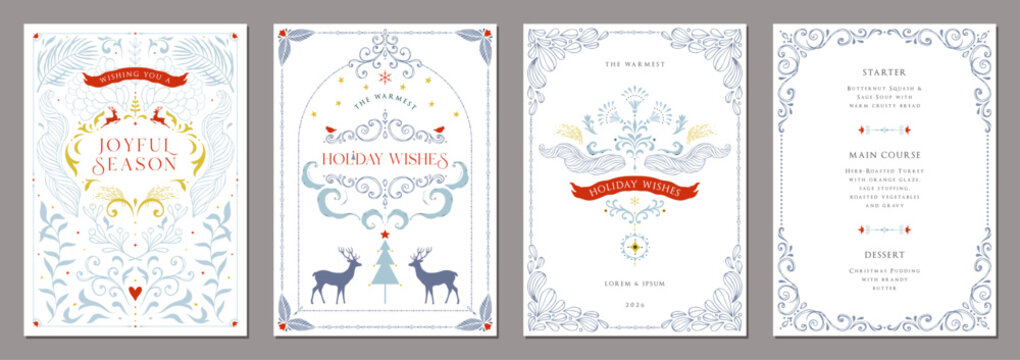 带祝福语的商务节日贺卡——含圣诞树、鸟类、华丽花卉边框、背景及文字空间的手绘贺卡