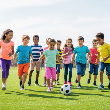 Joyful celebration of children’s day with kids playing soccer outdoors
