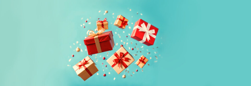 深绿松石色背景上，漂浮的红色与金色礼盒呈动态排列，伴有丝带及金属彩屑散落