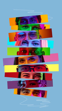 Striped collage of expressive eyes in vivid colors. Concept of brand identity, diversity awareness, editorial content and communication materials for marketing teams. 9 models