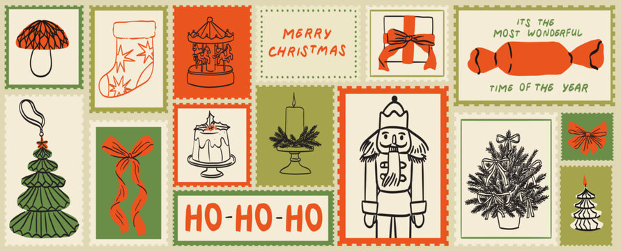 冬季节日手绘涂鸦素描风格邮票，适用于海报、布告牌或明信片印刷的圣诞/新年邮政元素，以及用于邮件、信件和剪贴簿的圣诞矢量插画