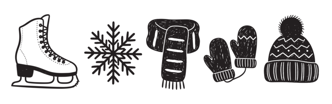 一组迷人的手绘冬季图标，包括冰鞋、雪花、围巾、连指手套和豆豆帽，采用简约黑白涂鸦风格绘制