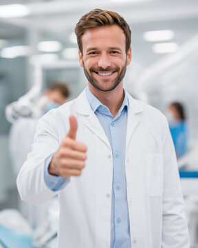 一位穿着白色实验服的微笑男子竖起大拇指