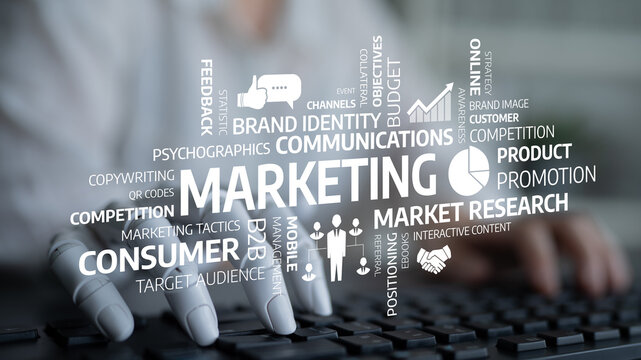 聚焦于营销策略会议的视角，突出品牌识别、市场调研等推动业务增长与客户参与的关键概念。泰瑟尔