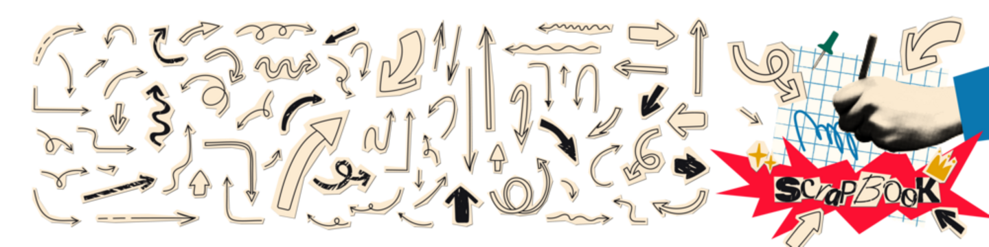 拼贴元素套装：纸质手绘涂鸦箭头合集 复古做旧趣味剪贴簿元素 透明背景矢量插画