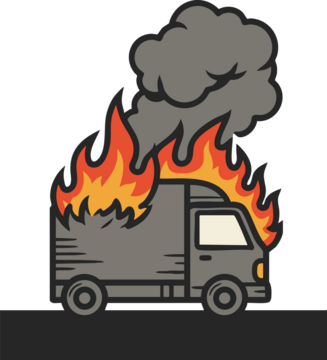 送货卡车起火，浓烟滚滚的插画，展现车辆紧急危险情况