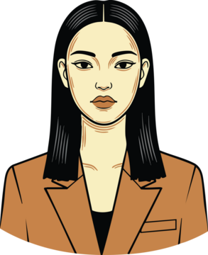 年轻亚洲女性身着棕色西装外套，黑色直发，矢量插画肖像风格