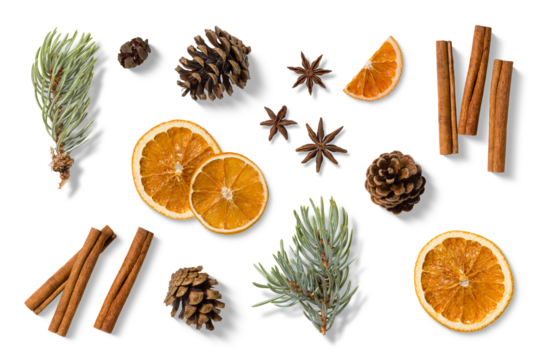 Collection of natural winter and Christmas elements, including dried orange slices, cinnamon sticks, pine cones, star anise, and spruce branches isolated on a transparent background, PNG. High Res.