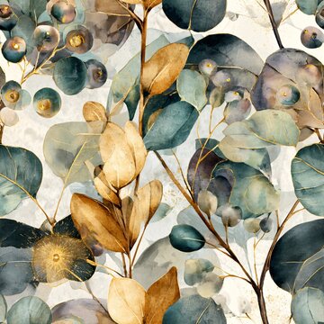 带有桉树叶的水彩植物无缝图案。用于纺织品、壁纸、婚礼请柬、包装纸、织物的花卉设计