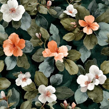 带有白色和橙色花朵及绿色叶子的花卉无缝图案。适用于面料、墙纸、包装设计的植物背景。