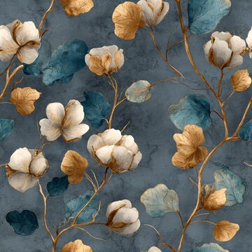 深蓝色纹理背景上，盛放的精致白色棉花花与金色叶子组成的无缝图案，适用于时尚、纺织及壁纸设计