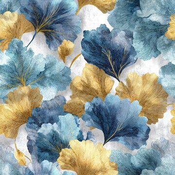 银杏叶无缝图案。植物叶片设计。适用于纺织品、墙纸、包装的抽象花卉印花。