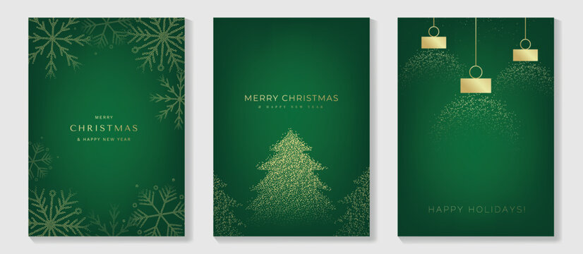 绿色圣诞贺卡矢量插画，带有金色雪花与节日树木细节——适用于贺卡和印刷品的优雅节日设计