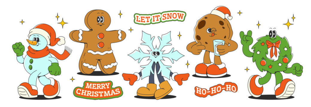 复古潮流卡通圣诞角色贴纸，含趣味节日吉祥物——雪人、姜饼人、雪花与圣诞花环，附节日文字元素的冬季套装，适用于季节性设计