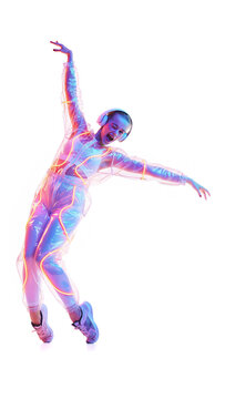 穿发光霓虹套装的女孩在白色背景下带着愉悦表情跳跃起舞。概念：青春活力、积极生活方式、音乐视觉效果、现代时尚与富有表现力的动作设计
