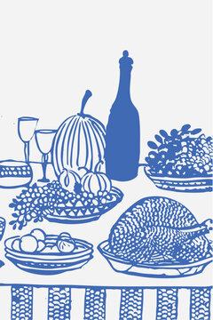 复古感恩节盛宴手绘图：包含烤火鸡、馅饼、蔬菜与酒瓶