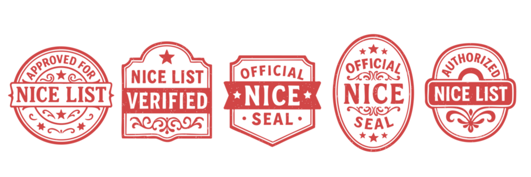 复古红色橡胶材质的‘乖孩子清单’批准印章（含圣诞老人认证标签，适用于节日图形设计）