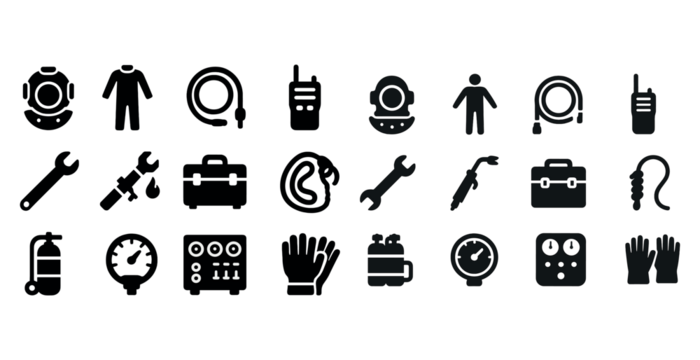 潜水设备和工具图标集：黑白风格的头盔、工具、仪表、安全装备