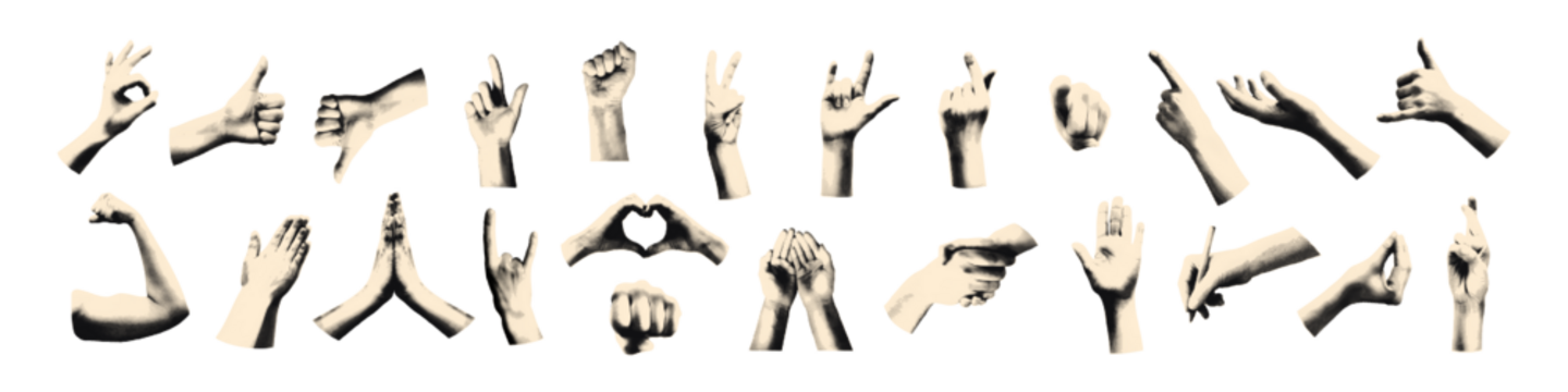 镂空手势表情符号套装。多款半色调手部标识复古点状贴纸。适用于混合媒体设计、拼贴和剪贴簿的现代复古矢量插画，透明背景独立呈现