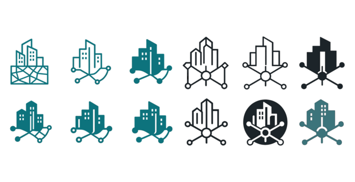 抽象城市网络图标集，包含建筑与节点设计