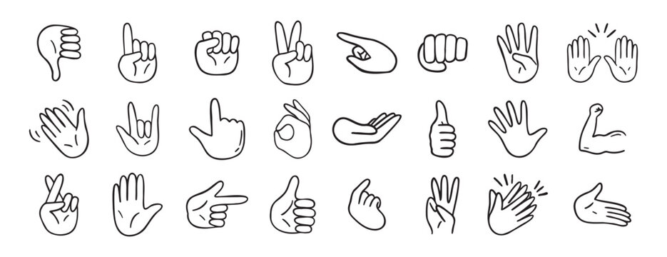 手势涂鸦手绘图标。手势轮廓线条剪贴画符号