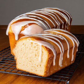 两条糖釉面包的特写，其中一条已切片，放置在木质表面的冷却架上