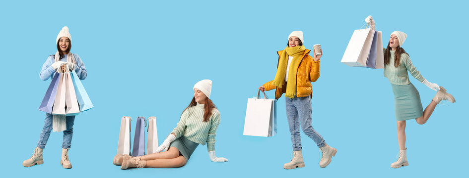 蓝色背景下身着时尚冬装、手持购物袋的年轻女性拼贴画