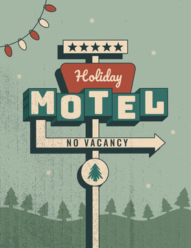 复古冬季假日汽车旅馆竖版海报（含箭头与圣诞树）：复古色彩带纹理的50年代风格矢量插画，适用于印刷、墙饰、品牌推广及社交媒体