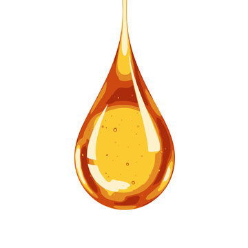 Single drop of golden honey or oil liquid falling slowly, detailed closeup, isolated on