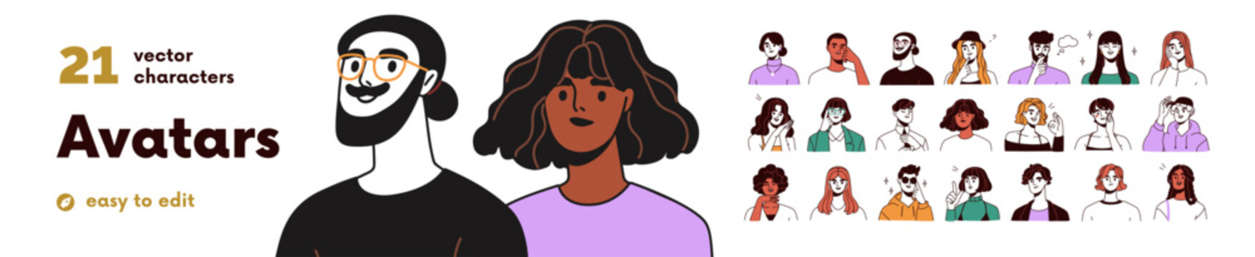 年轻男女头像集：快乐沉思的人物、微笑的青年男女头像，带思考表情的线条人物，白色背景下的孤立扁平化矢量插画