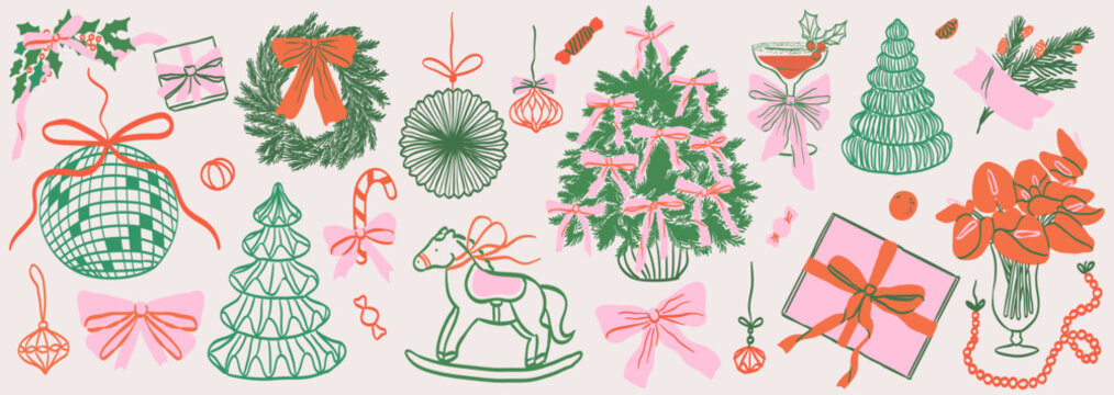 复古奇趣的新年家居装饰套装（采用涂鸦线条艺术印刷风格）；带有蝴蝶结和丝带的圣诞奇趣纸质装饰；手绘水墨冬季派对邀请卡元素