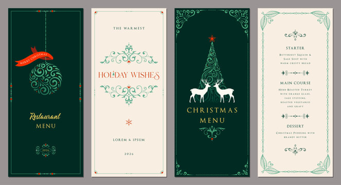 4x9尺寸的圣诞花卉模板。通用冬季节日贺卡，带有装饰性圣诞树、圣诞饰品、驯鹿、带文案空间和祝福语的华丽边框。