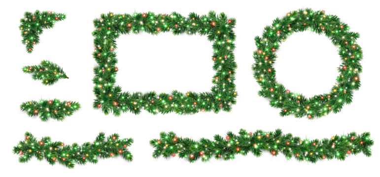 圣诞树饰带、花环与带发光彩灯的框架套装。适用于节日设计的逼真松枝装饰，矢量文件含透明背景