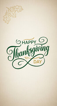 带有风格化叶子和“感恩节快乐”文字的竖版图片，背景有纹理，象征秋季节日庆祝与感恩