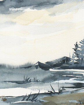 Watercolor Winter Landscape Scene, Winter Nature Hand Painted Background