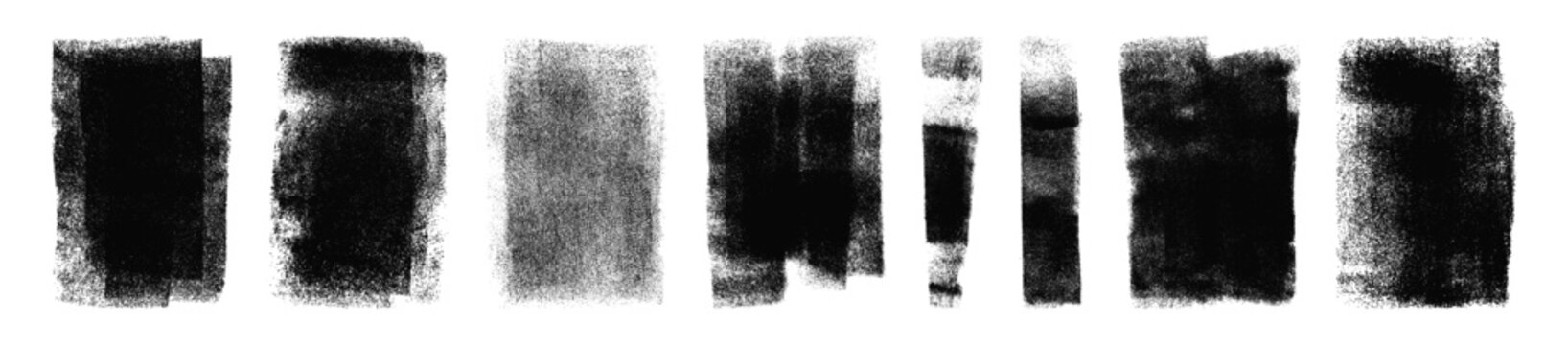 用滚筒手工制作的垃圾摇滚风格滚墨印章纹理套装：凸版复古粗糙不规则矩形垂直背景、油毡浮雕印刷形状矢量插画透明背景板