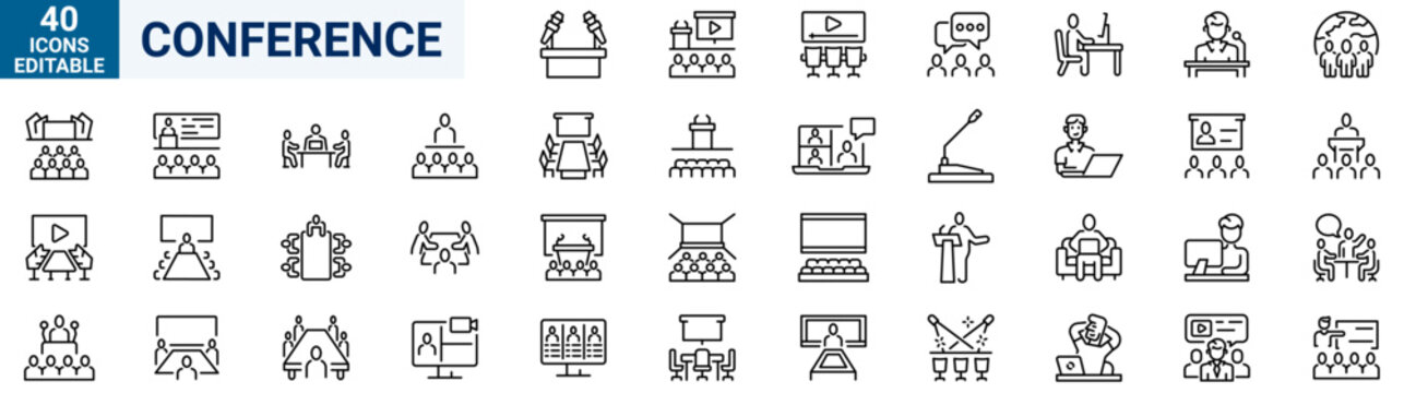 研讨会或会议网络线性图标可编辑图标集。会议图标集。矢量插图