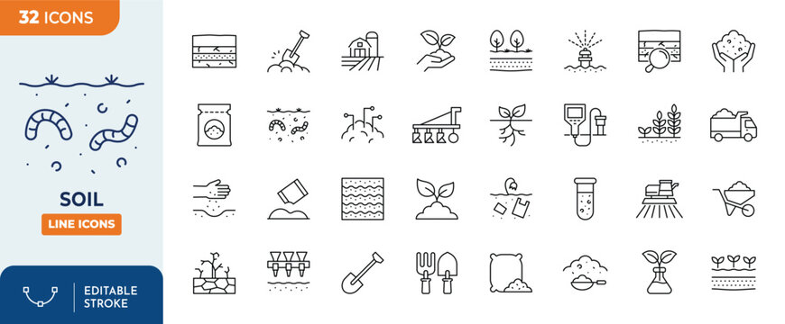 土壤线条可编辑图标集，包含土壤、地面、田地、耕作等相关图标，支持可编辑描边，为矢量插图