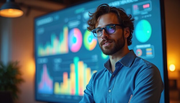 戴眼镜的年轻人站在带有彩色图表的大屏幕旁。他在靠近数字数据的办公室工作。专业领导者分析公司的成功。