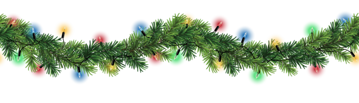 带有针叶树枝和彩色圣诞灯串花环的无缝装饰性圣诞边框